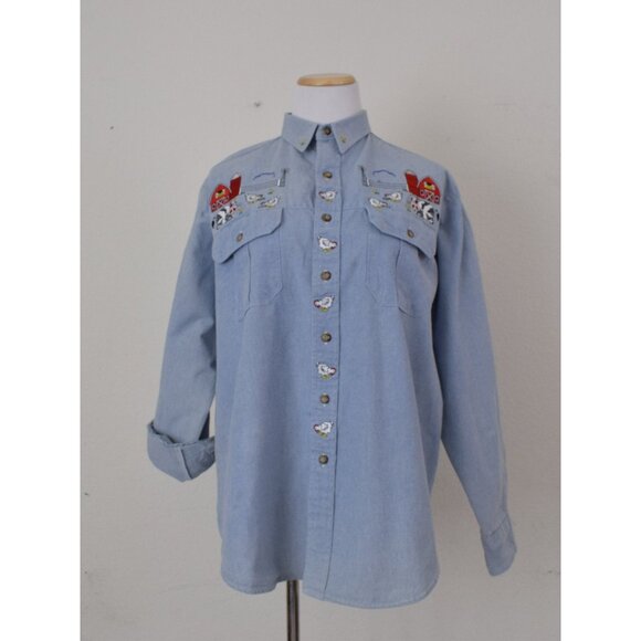 Vintage 80s/90s Blue Denim Embroidered Shirt Shacket | size M - Picture 2 of 10